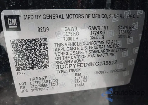 2019 Chevrolet Silverado 1500 Lt Trail Boss из США, поврежденный, VIN 3GCPYFED4KG135812